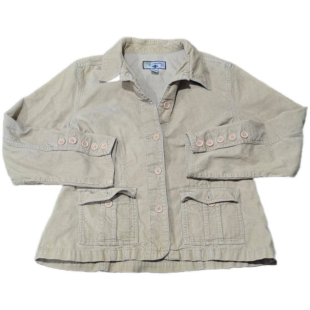 Caribbean Joe Womens Tan Corduroy Button Up‎ Utility Jacket Beige Cotton Large